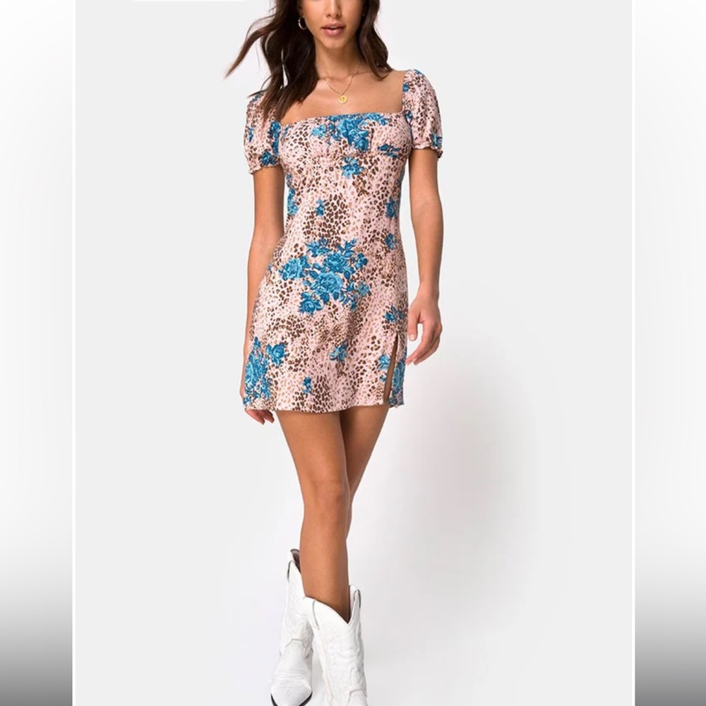 NEW MOTEL ROCKS Lonma Mini Dress In Jungle Flower Blue Cream Size M
